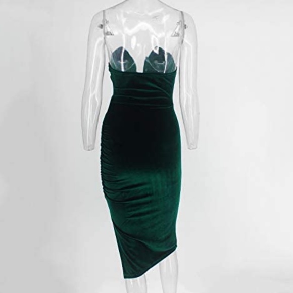 Strapless Ruched Velvet Split Bodycon Midi Dress - Picture 2 of 4